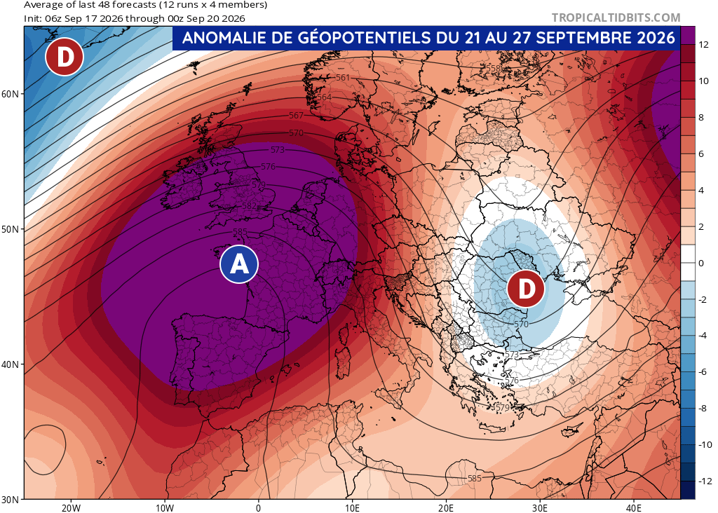 Anomalie de géopotentiels en semaine du lundi 21 au dimanche 27 septembre 2026