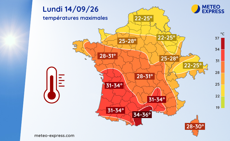 Températures maximales prévues le lundi 14 septembre 2026