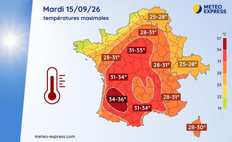 Températures maximales prévues le mardi 15 septembre 2026