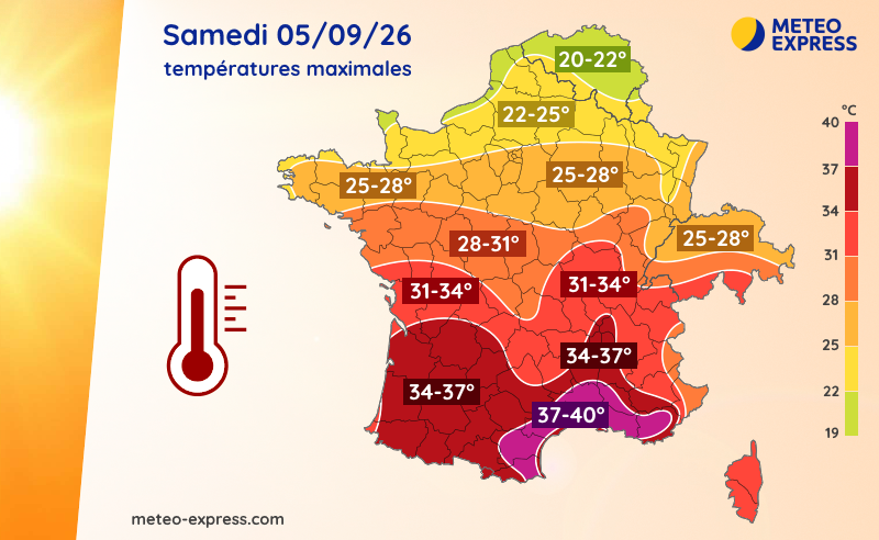 Températures maximales prévues ce samedi 5 septembre 2026