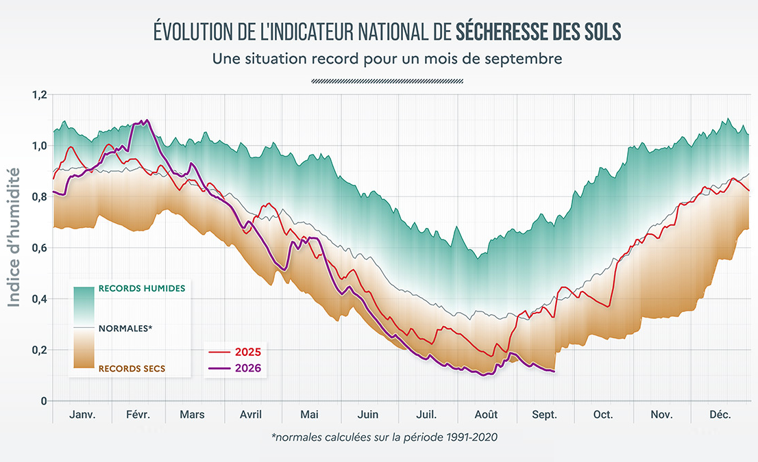 Indice d'humidité des sols au cours de l'année en France (2026 en violet)
