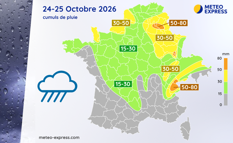 Cumuls de pluie prévus ce week-end des samedi 24 et dimanche 25 octobre 2026