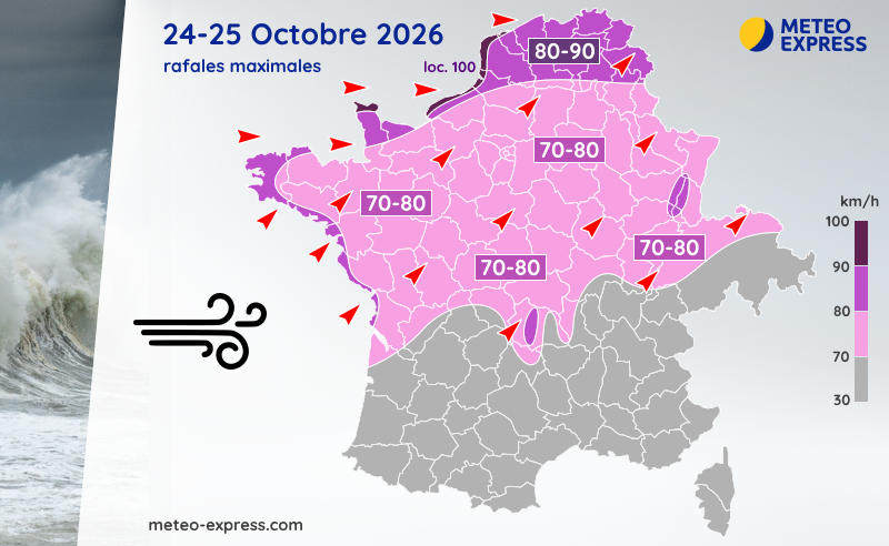 Rafales de vent maximales ce week-end des samedi 24 et dimanche 25 octobre 2026
