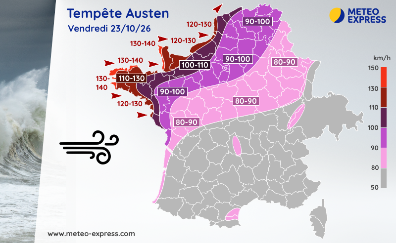 Prévision des rafales maximales de la tempête Austen ce vendredi 23 octobre 2026